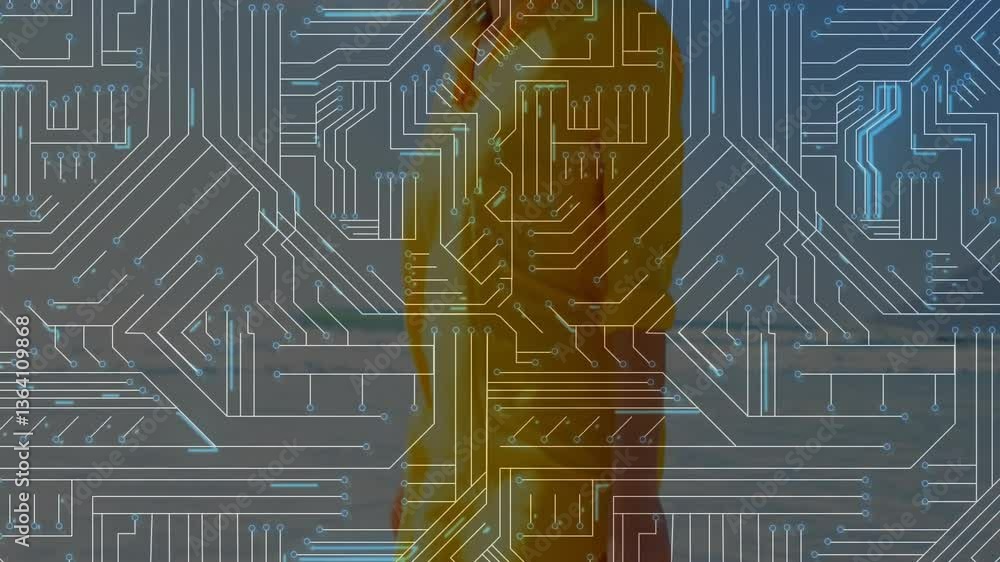 Poster digital circuit board pattern overlaying silhouette of person in animation