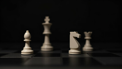 Flat King and Knight chess setup on dark background concept as King and Knight chess pieces arranged on dark background highlighting strategic roles in classic chess gameplay in  Simple flat cute vect