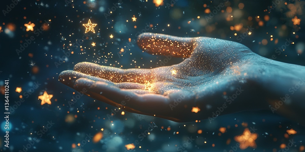 Poster Shimmering Stars Floating Above Open Hand in Soft Glowing Light of Magic and Wonder Representing Dreams and Hopes in a Fantasy Setting