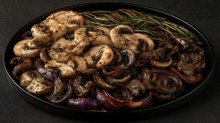 Roasted mushrooms and onions with rosemary.