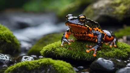 Fire-Bellied Toad Perched on a Rock by a Forest Stream