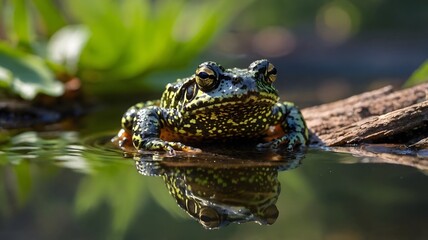 Fire-Bellied Toad Resting on Branch Near Pond with Soft Sunlight