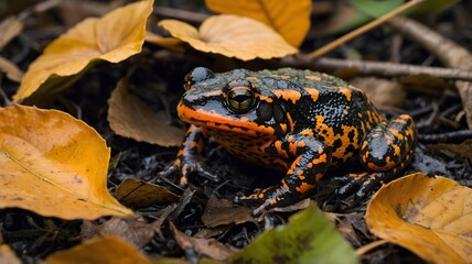 Fire-Bellied Toad Camouflaged in Underbrush with Visible Orange Belly
