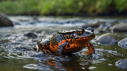 Fire-Bellied Toad Jumping Across Rocks by River, Belly Glowing Orange