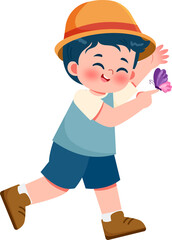 Childrens Catching a Butterfly or Insect with Bugs Net in Outdoor Illustration