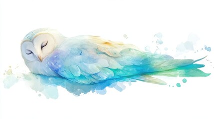 Sleeping Barn Owl Watercolor Painting with Bird Art.
