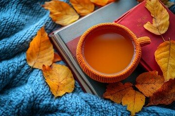 Cup of coffee, book and autumn leaves on knitted plaid in autumn park