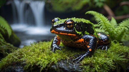 Fire-Bellied Toad Resting by a Waterfall in a Hidden Forest Glade