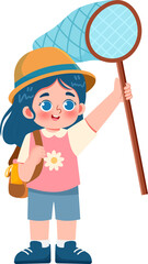 Childrens Catching a Butterfly or Insect with Bugs Net in Outdoor Illustration