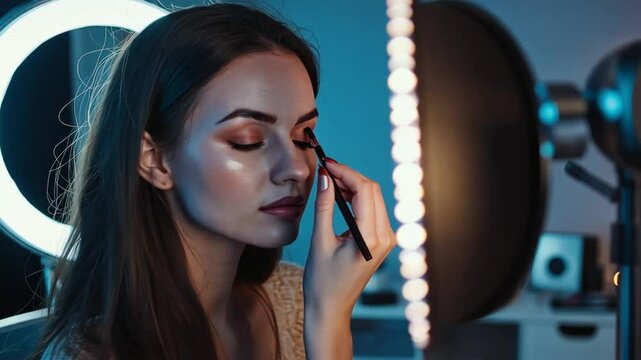 Radiant Makeup Artistry: A woman, intently applying eyeliner with a brush in a dimly lit studio, epitomizing the artistry and skill of the beauty world. with focused precision and artistry.