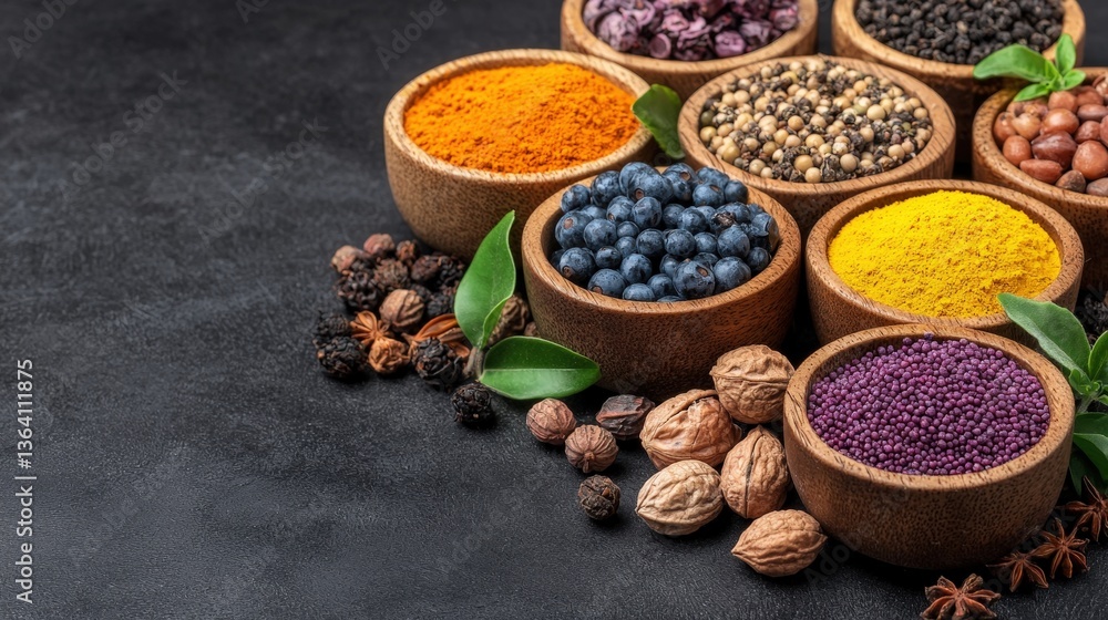 Poster vibrant collection of various spices and herbs displayed in small containers for culinary use
