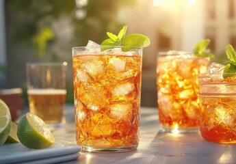 Fototapeta premium Refreshing Summer Drink with Mint and Lime Garnish in Sunlit Outdoor Setting with Ice Cubes and Glowing Background