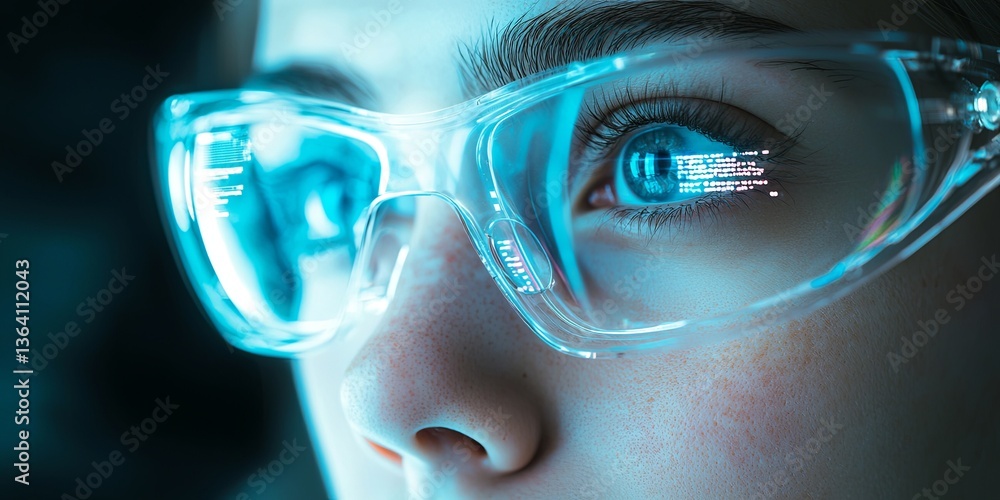 Poster Close-Up  Young Person with Futuristic Glasses Displaying Digital Data and Illuminated Eyes Capturing the Essence of Technological Advancement