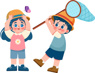 Childrens Catching a Butterfly or Insect with Bugs Net in Outdoor Illustration
