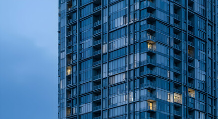 Modern Tall Residential Building With Lit Windows At Evening