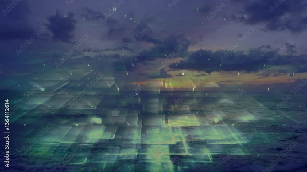 Poster animation of digital data patterns overlaying serene ocean sunset scene
