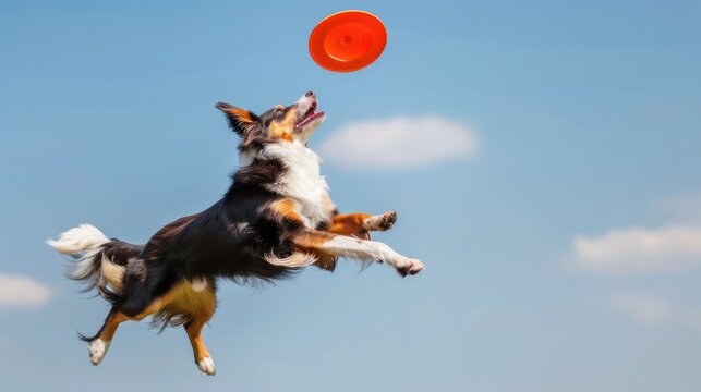 A dog leaping to catch a frisbee in mid-air, showing off its agility and athleticism.