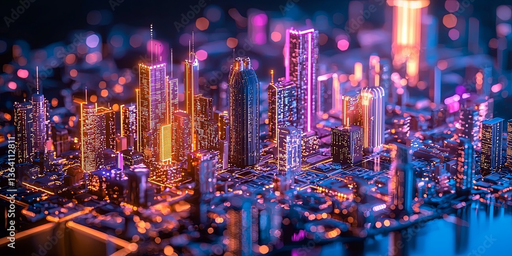 Poster Futuristic Digital Cityscape with Neon Lights and Dynamic Data Visualization Elements in an Abstract Technology Environment