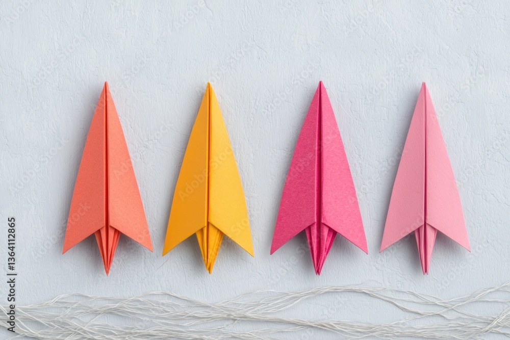 Aufkleber collection of colorful paper airplanes arranged in a neat line on a textured surface