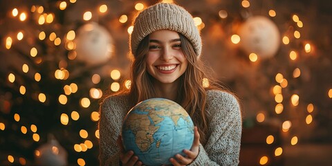 Naklejka premium Joyful woman with warm smile holding a globe in cozy setting decorated with fairy lights, evoking travel dreams and adventure spirit during winter