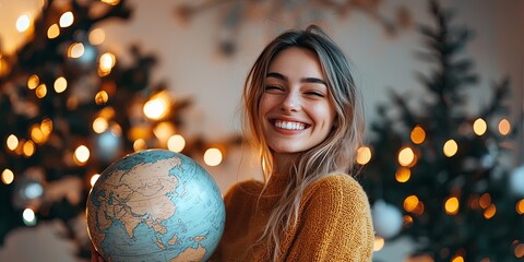 Fototapeta premium Joyful woman with warm smile holding a globe in cozy setting decorated with fairy lights, evoking travel dreams and adventure spirit during winter