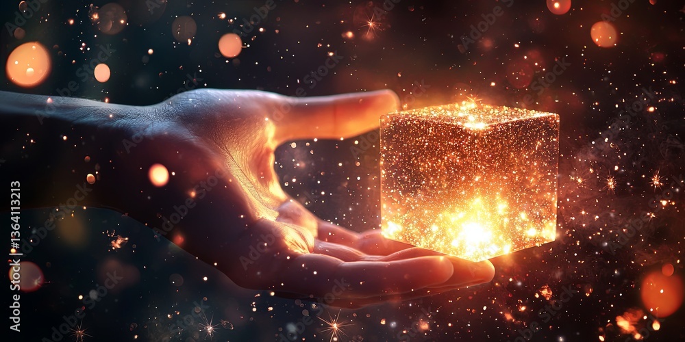 Poster hand holding a glowing cube of light surrounded by sparkles and a dreamy background, symbolizing cre