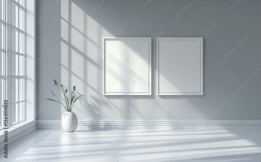 Poster A minimalist interior scene featuring two empty frames on a wall beside a vase with flowers. illuminated by sunlight streaming through a large window. creating soft shadows