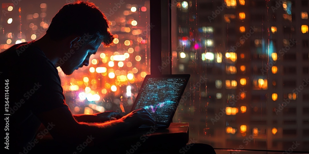 Leinwandbilder focused man working on laptop at night in modern office with futuristic digital graphics and city li