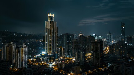Naklejka premium A night shot of an iconic city building illuminated by lights, standing out against the dark sky with a sense of grandeur.