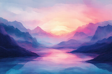 Fototapeta premium Vivid painting: serene mountains, tranquil water, sunset glow in the background.