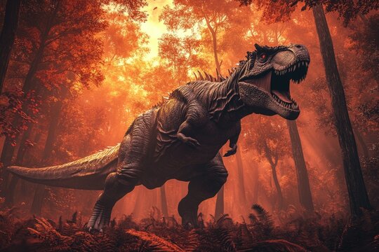 A fierce Tyrannosaurus rex roaring amidst a dramatic sunset in a dense forest. with shadows and mist creating a mysterious atmosphere perfect for adventure-themed projects - Powered by Adobe