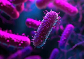 Fototapeta premium A vibrant close-up of colorful bacteria in a microscopic view. showcasing their intricate structures and movements in a dynamic. abstract background of swirling colors