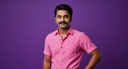 Confident young man in pink shirt against purple background for design or profile