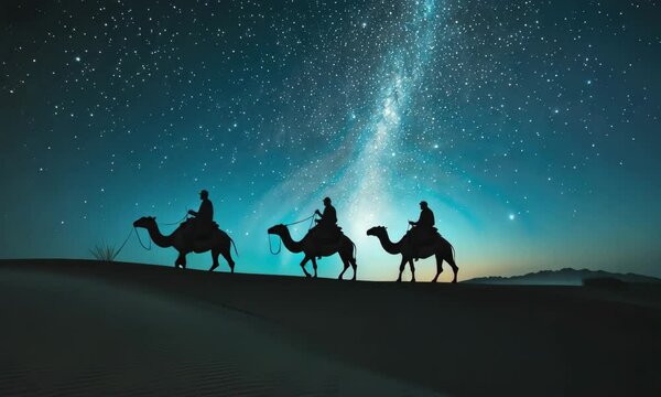 Silhouetted camels and riders traverse a serene desert under a starry night sky, evoking adventure