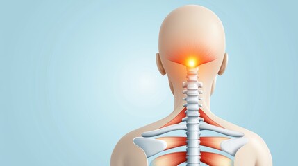 A digital illustration of a human figure from the back, highlighting the spine, neck, and shoulder muscles with an emphasis on the spinal cord.