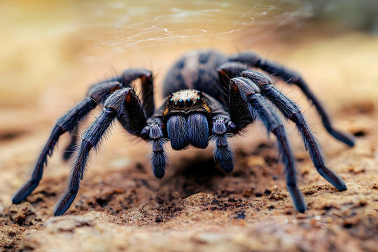 Detailed close-up of a tarantula spider showcasing its hairy legs and multiple eyes