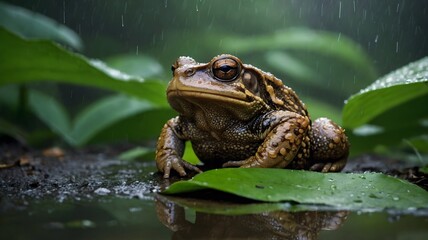 Cane Toad Sheltered Under Leaf in Rain, Illuminated by Jungle Mist