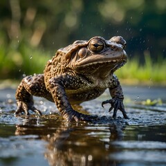 Cane Toad Mid-Leap in Wetland, Hopping Between Puddles