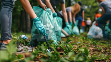 A community cleanup event with volunteers wearing gloves and collecting trash in a local park, with bags of collected waste.
