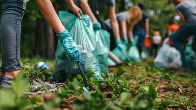 A community cleanup event with volunteers wearing gloves and collecting trash in a local park, with bags of collected waste.