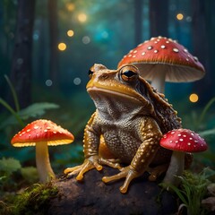 Enchanting Cane Toad on a Vibrant Mushroom in a Mystical Forest Wonderland