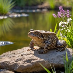 Cane Toad Basking in the Sun on a Rock Beside a Tranquil Pond