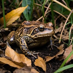 Cane Toad Camouflaged in the Underbrush with Eyes Piercing the Shadows