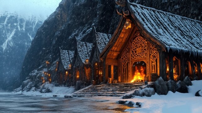 Viking longhouse warmly illuminated amidst a snowstorm in a desolate tundra landscape