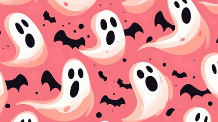  Modern Ghost Cartoon Seamless Pattern Illustration for Halloween, Pink October Holiday Spirit Character Background, Scary Autumn Party Wallpaper Texture of Funny Ghosts
