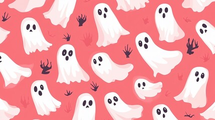  Modern Ghost Cartoon Seamless Pattern Illustration for Halloween, Pink October Holiday Spirit Character Background, Scary Autumn Party Wallpaper Texture of Funny Ghosts
