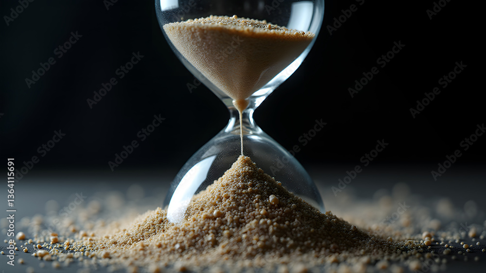 Poster absurdist hourglass where sand particles randomly reverse direction, creating meaningless flow patte