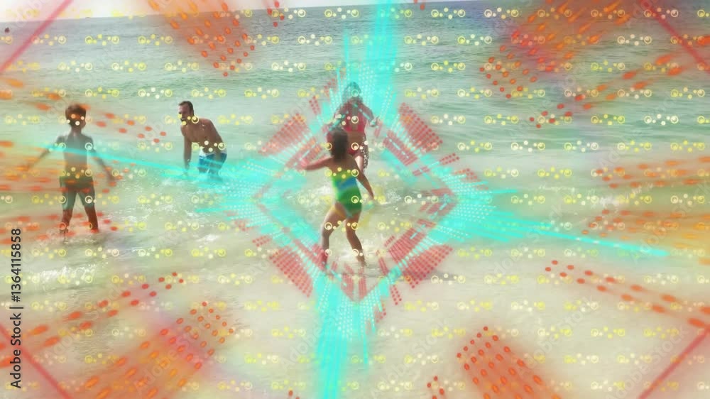Poster dancing with colorful geometric patterns and light effects in animation