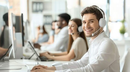 Call center manager congratulating happy team on achieving goals. Minimalist