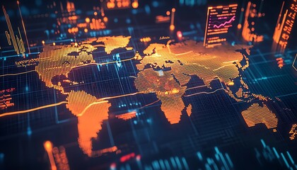 A creative representation global trade with glowing data lines forming a digital world map, surrounded by floating financial graphs , sharp and innovative